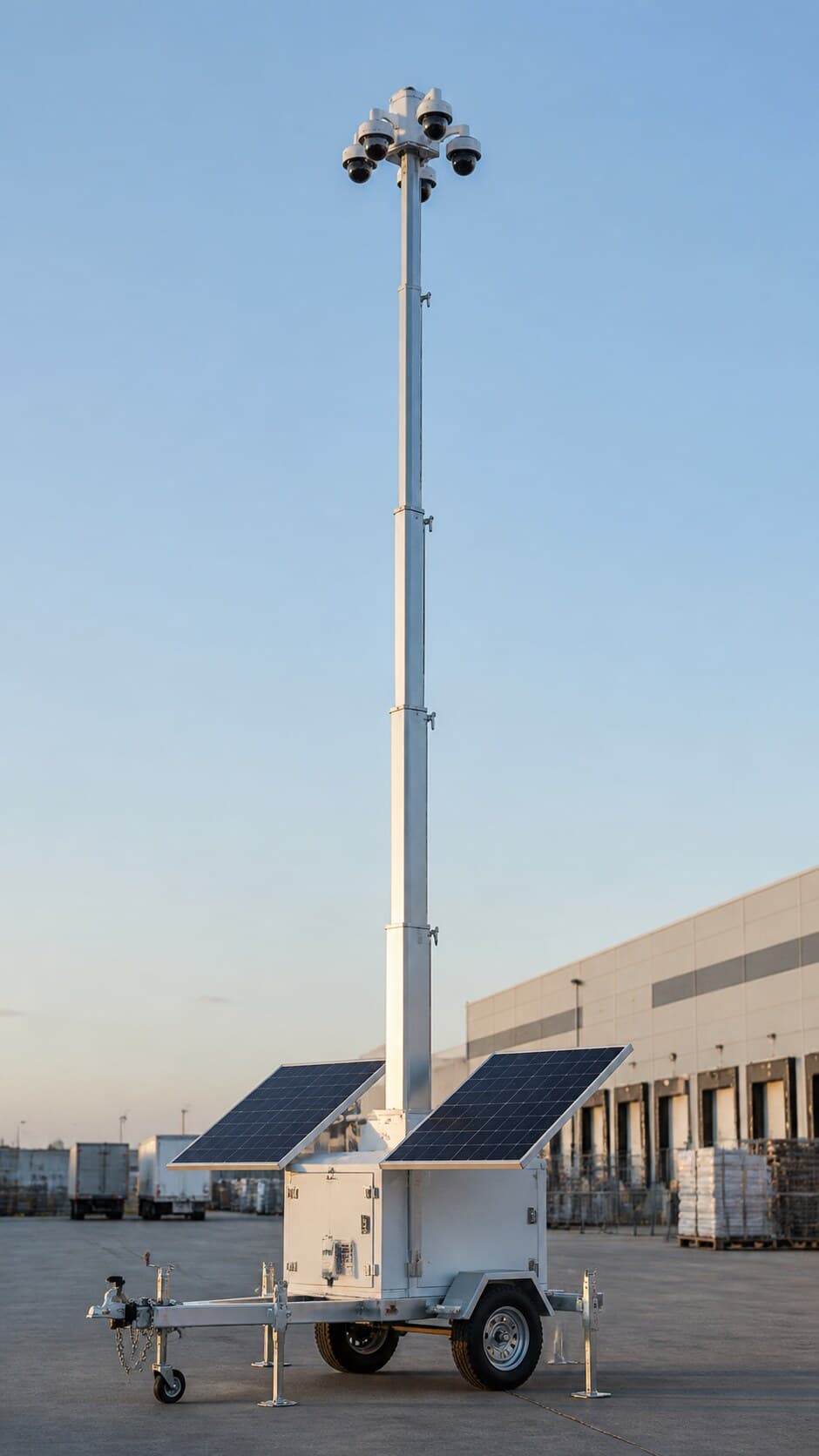 Mobile surveillance trailer beside a logistics building with solar panels and security cameras