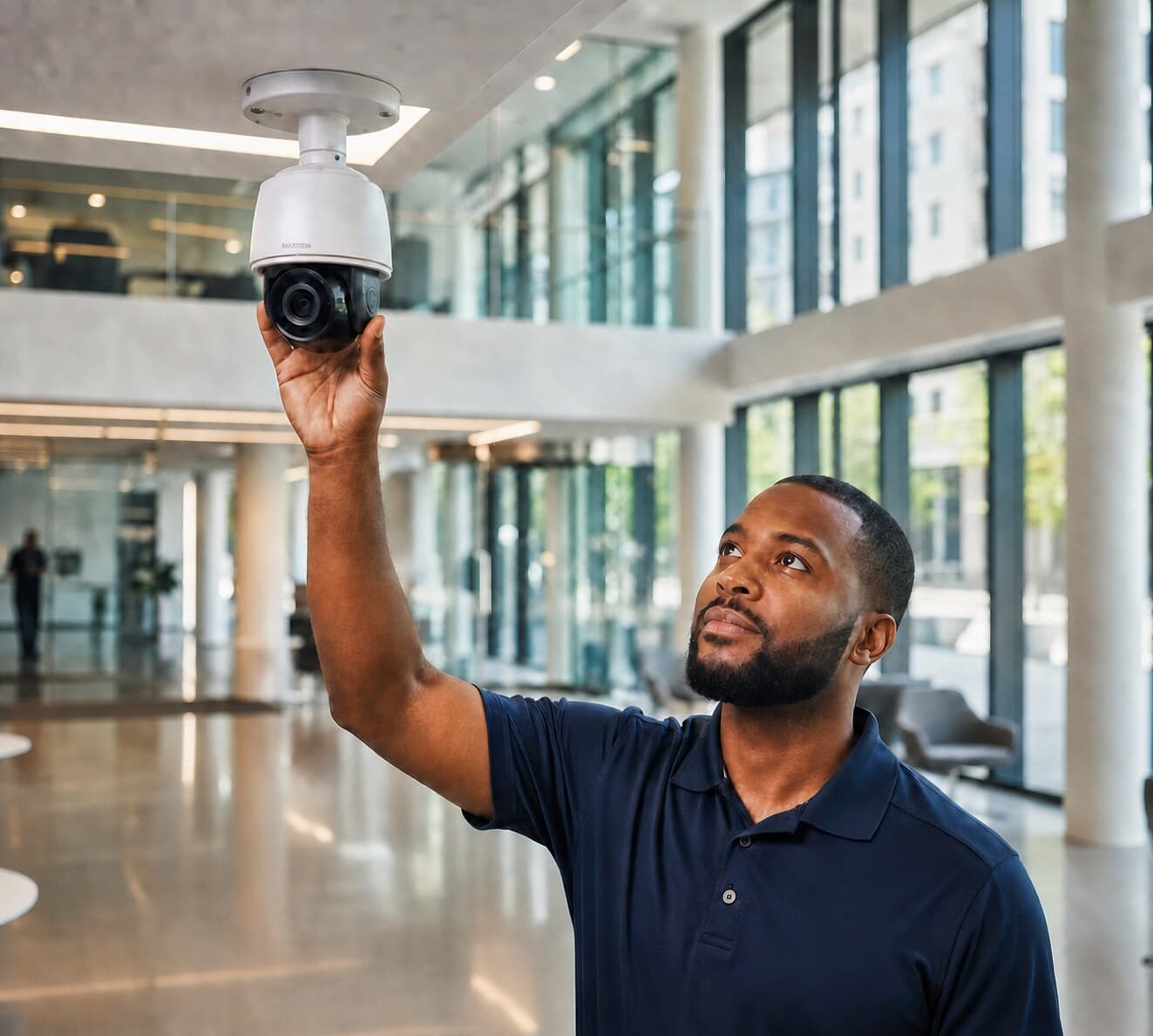 Security technician holding a dome camera during an indoor installation