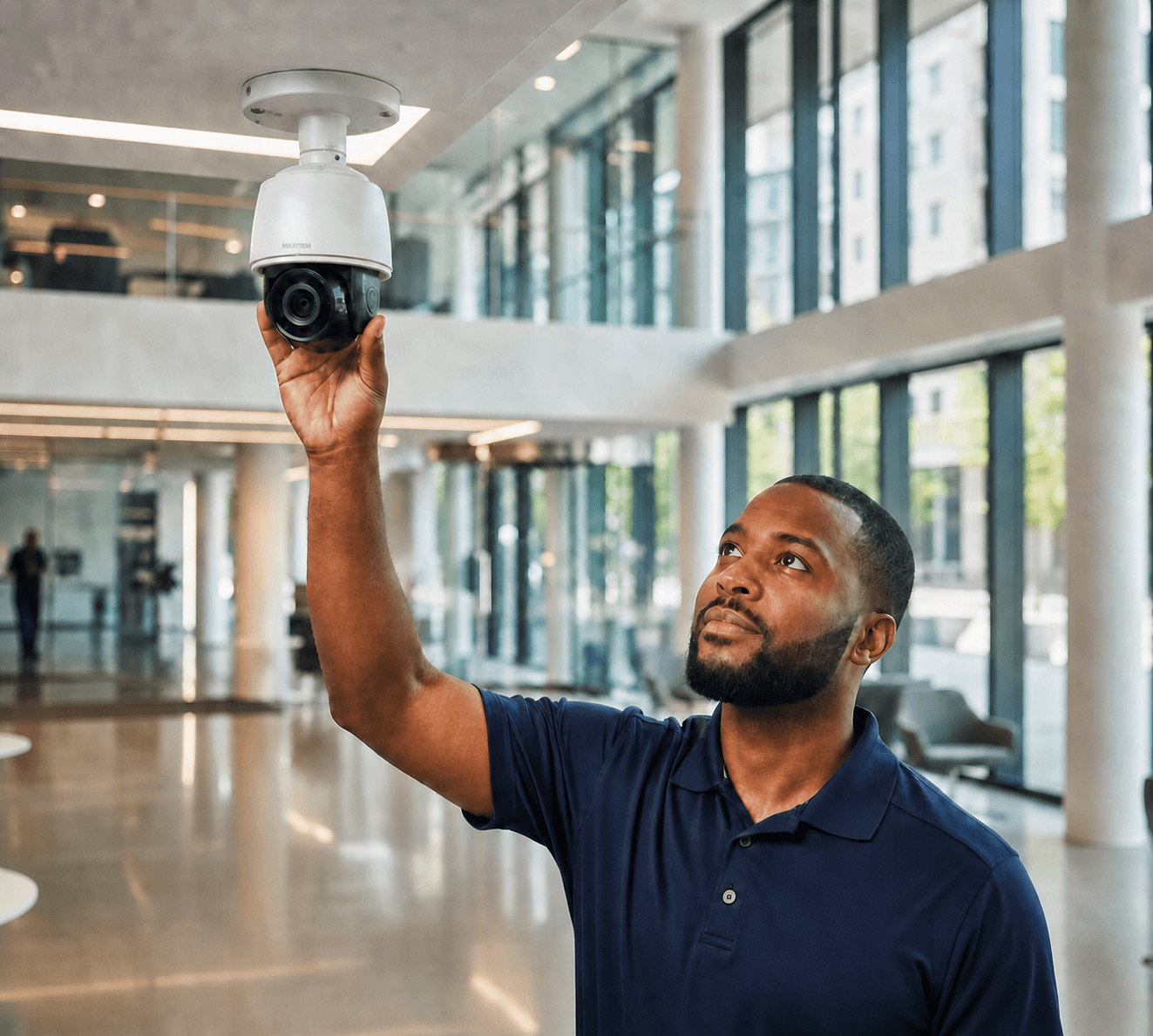 Technician installing a dome security camera